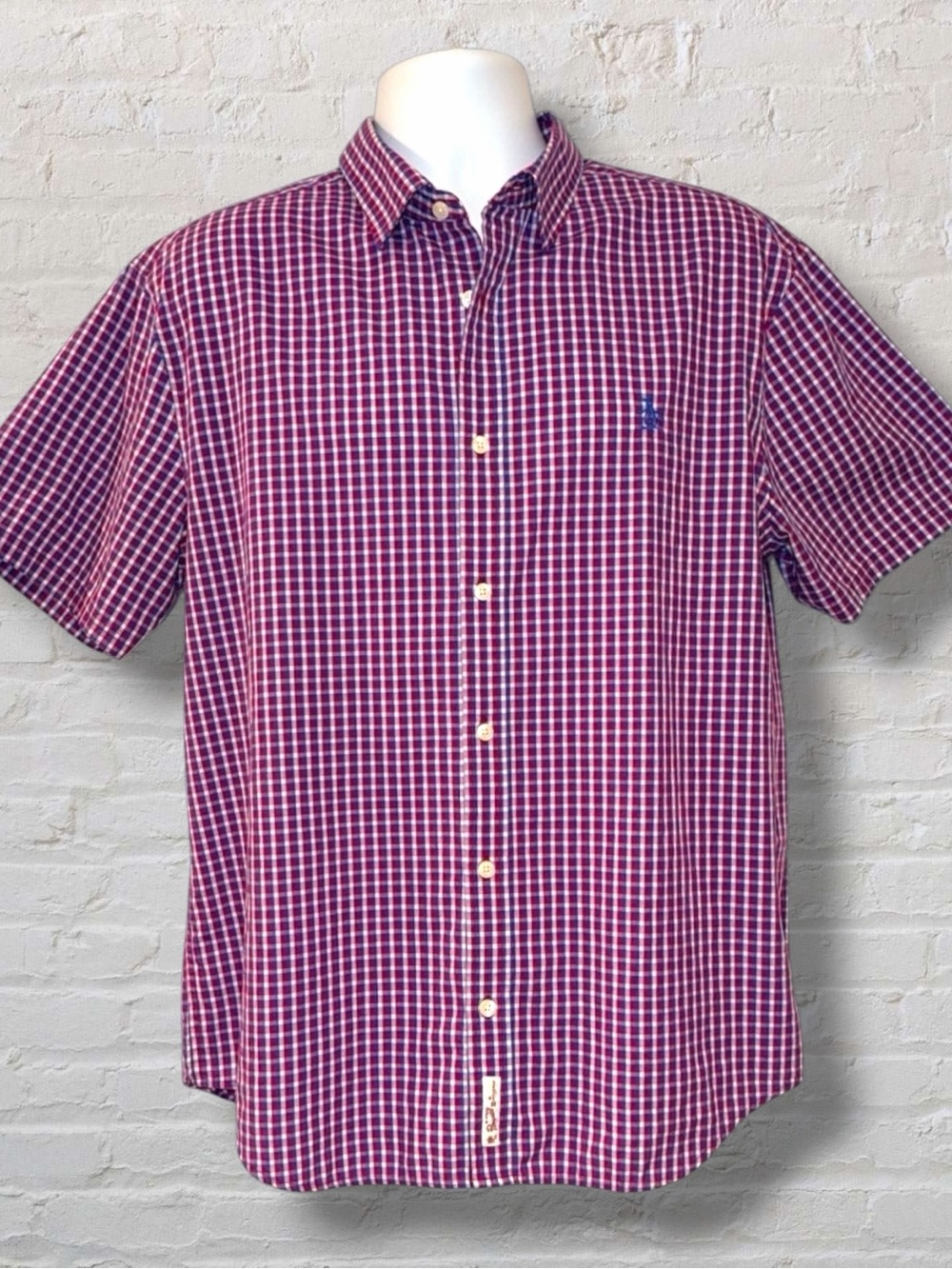 Original Penguin Classic Fit Button Down Shirt XL Red Blue Check Short Sleeve